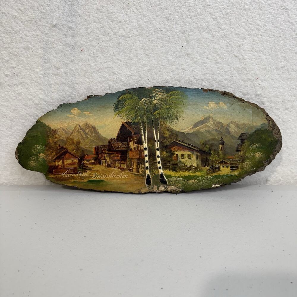 Countryside Painting Wood Slice Plaque Wall Art Garmisch Partenkirchen Germany